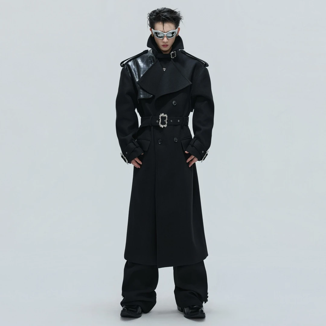 ArguE CulturE鳄鱼纹皮拼接羊毛廓形毛呢大衣绑带金属扣长款风衣