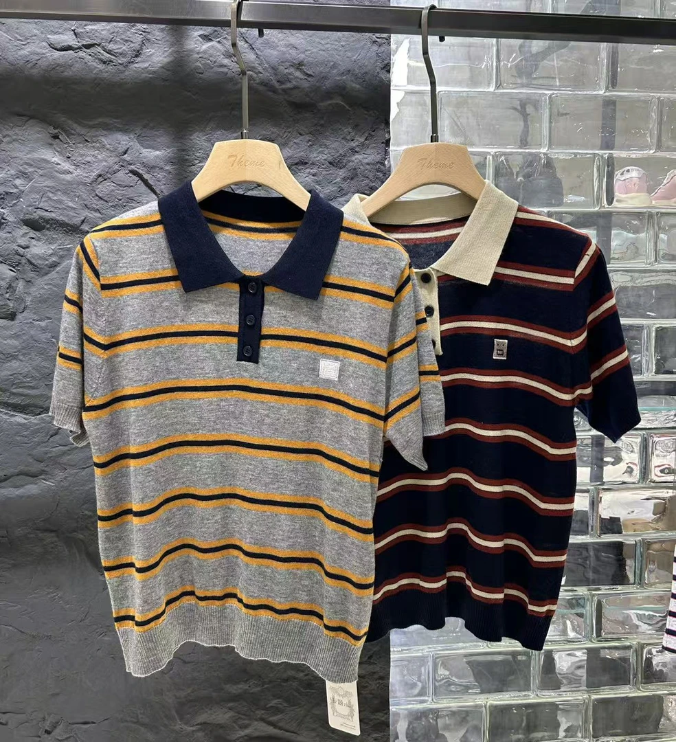 258553-320 秋季短袖修身休闲潮流条纹针织衫套头衫