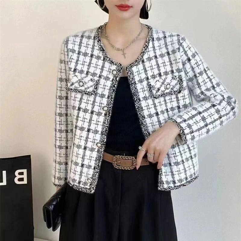 2187-小香风仿水貂绒外套新款井字格针织开衫韩版显瘦小个子百搭