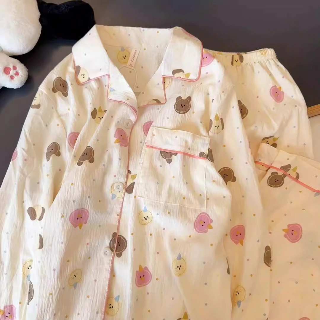 彩点小熊睡衣女春秋季新款云朵棉学生卡通可爱开衫长袖长裤家居服