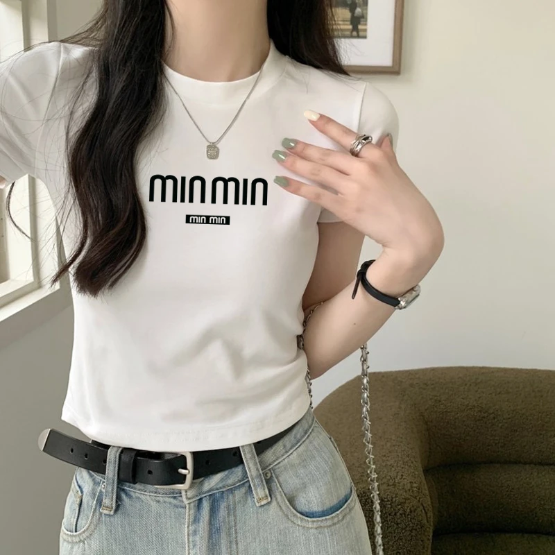 【minmin】短袖圆领打底t恤女短袖显瘦白色高腰短款夏季修身半袖