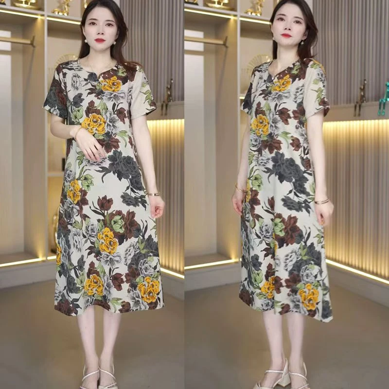 【54款】夏季新款短袖大花气质时尚宽松印花妈妈装连衣裙