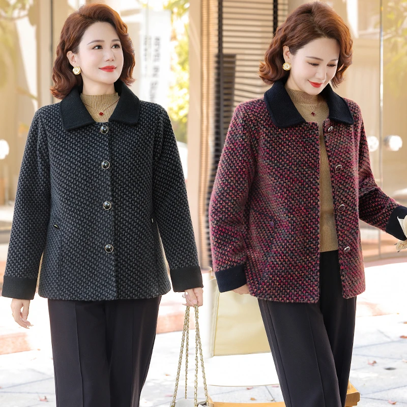 妈妈秋冬装加绒加厚仿水貂绒外套中老年女装洋气保暖格子毛呢上衣