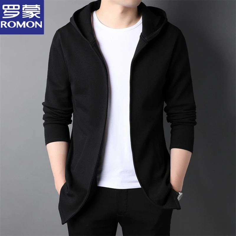 罗蒙春秋季连帽外套男士百搭纯色披肩卫衣开衫中运动休闲上衣男装