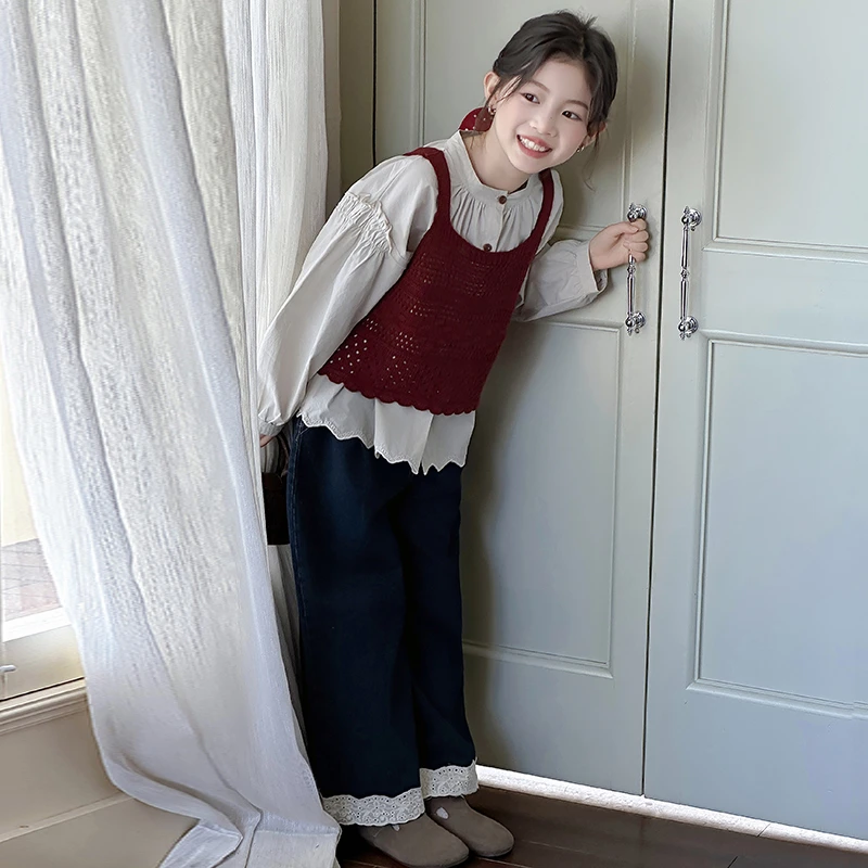 女童秋装套装2025新款韩版儿童针织马甲阔腿裤三件套女孩早秋衣服