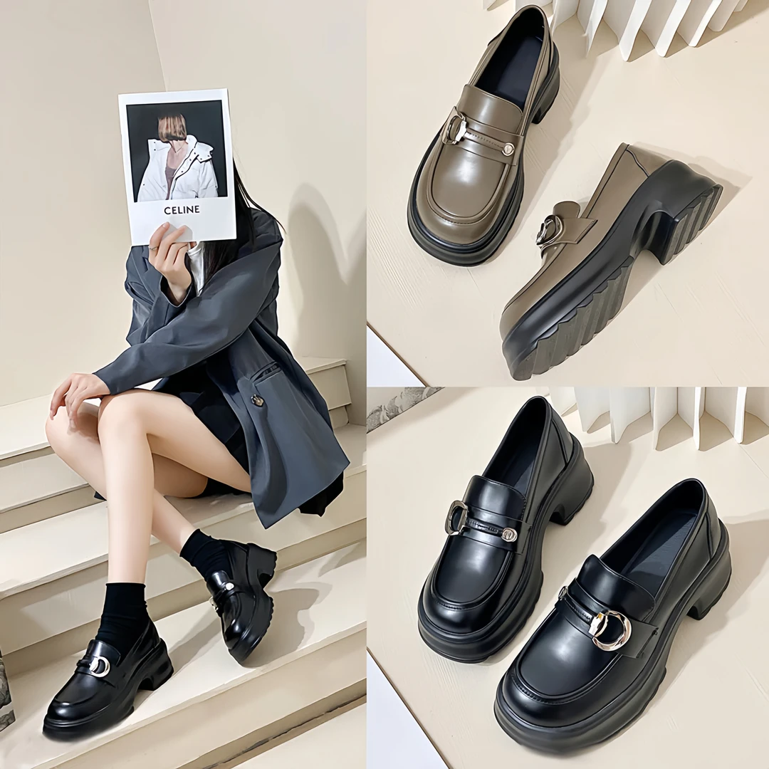 法式乐福鞋公牛时尚复古软底厚底女一脚蹬单鞋小皮鞋圆头英伦风