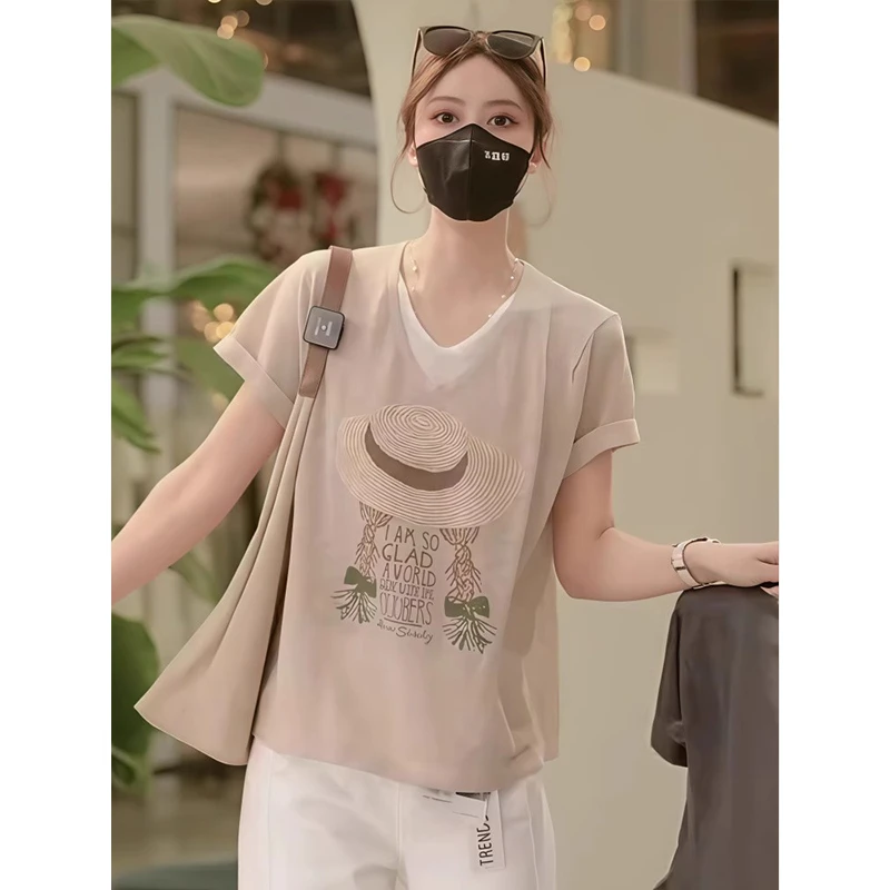 韩系设计感假两件撞色女孩图案短袖竹节麻T恤女夏新款减龄上衣潮