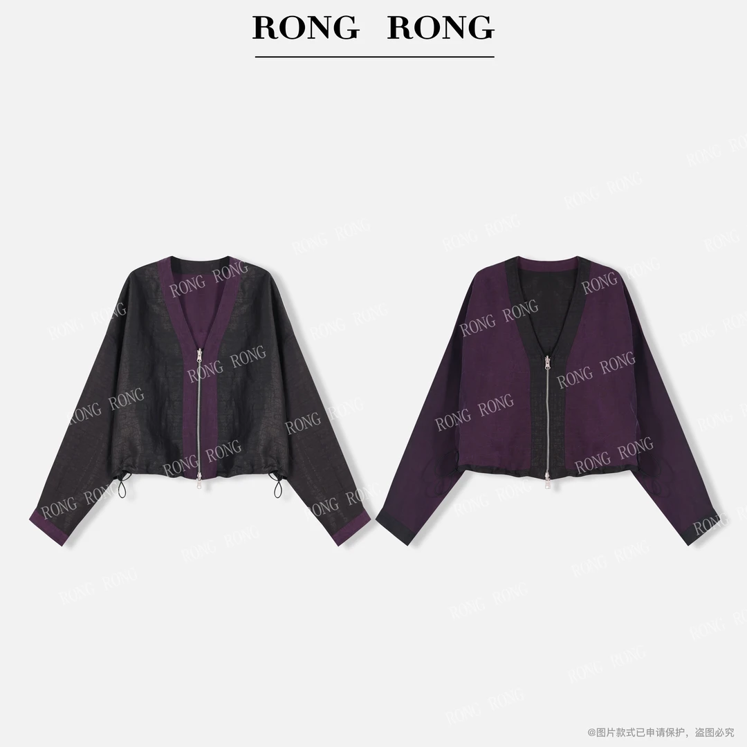 溶溶【流光紫墨】RONGRONG 100桑蚕丝龟裂纹V领双面穿外套ZGC6W1615