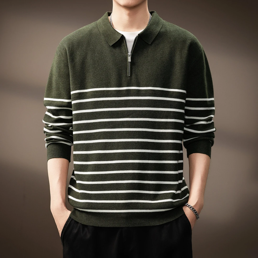 高端老钱风半拉链翻领条纹毛衣男休闲线衣秋冬新款新款男士打底衫