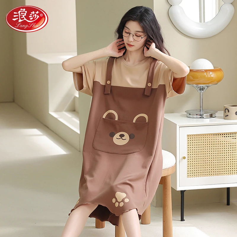 浪莎睡衣女款2025新款夏季短袖100%纯棉薄款睡裙夏款女士宽松全棉