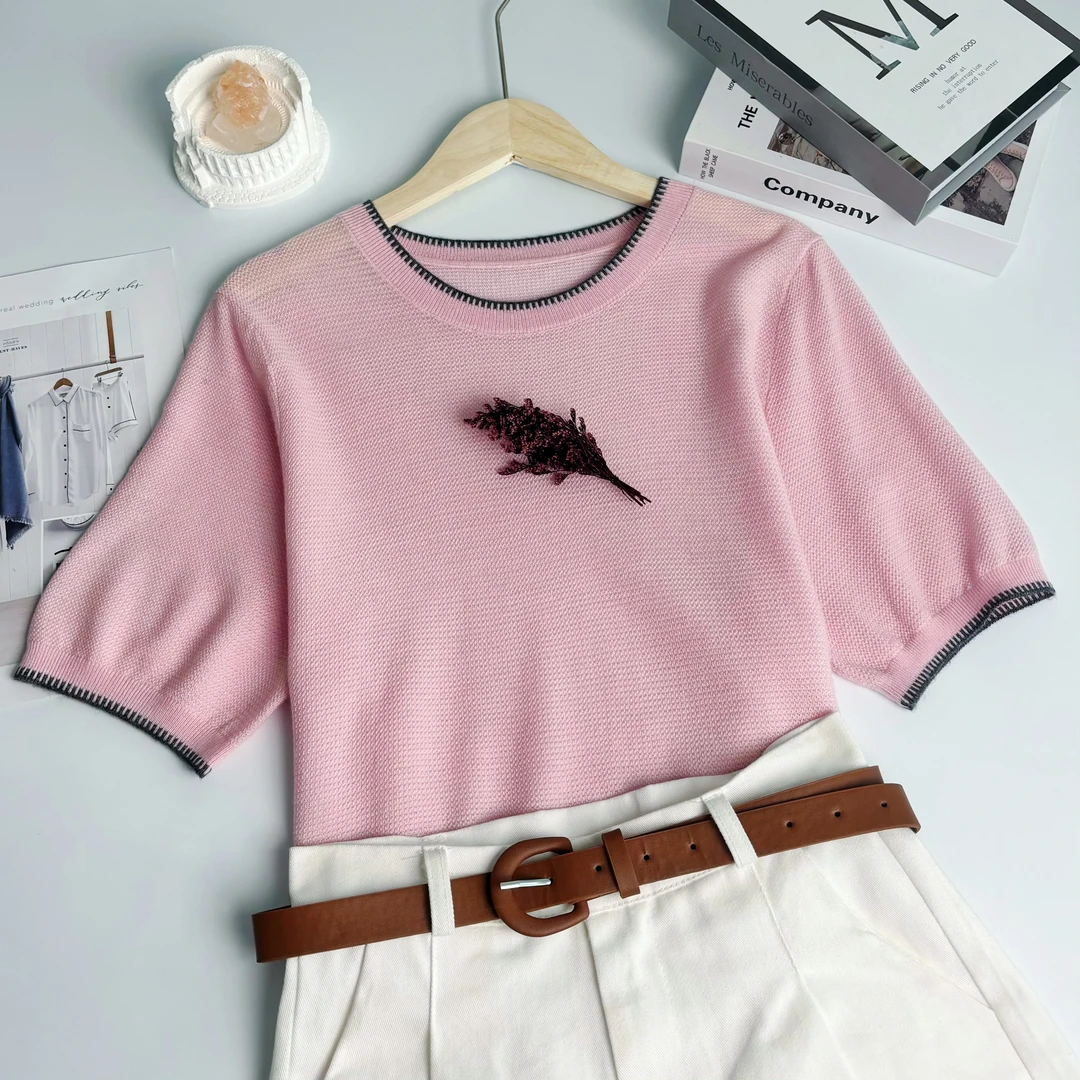 新新定制-撞色字母刺绣款微镂空薄款微透针织短袖139521