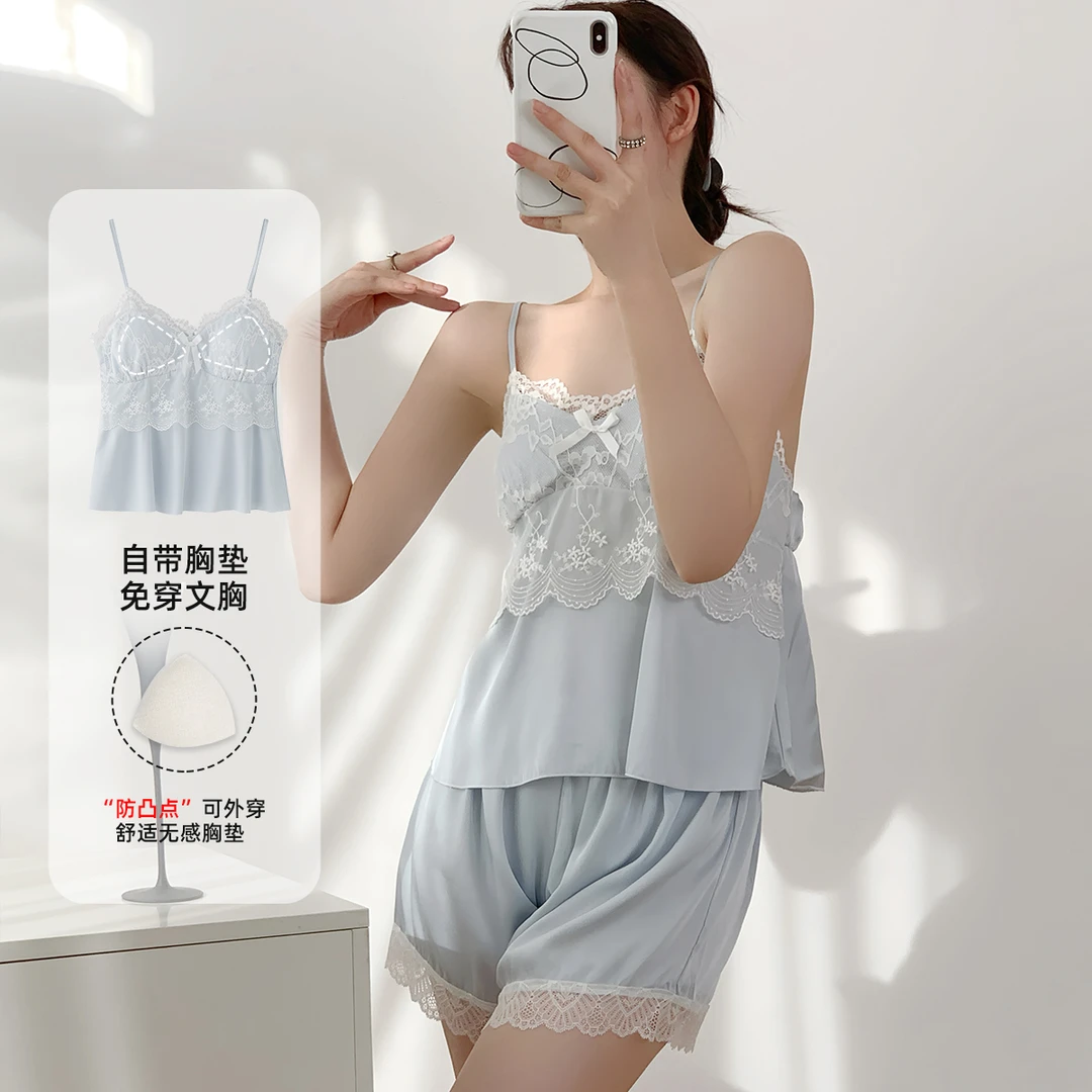 乐姿梦冰丝吊带短裤睡衣女款性感夏季带胸垫夏天2025年新款纯欲风