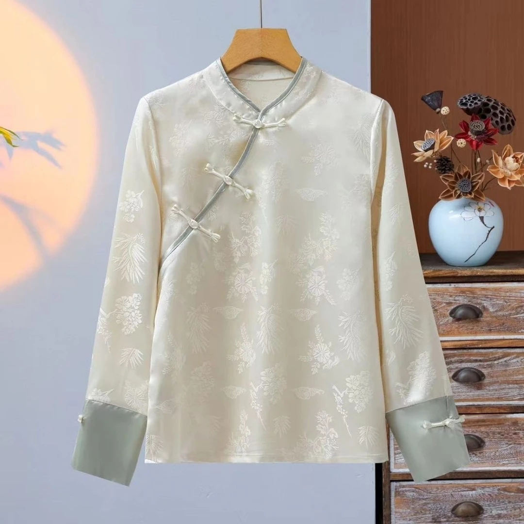 提花立领盘扣缎面小衫国风新款中式上衣女装衬衣