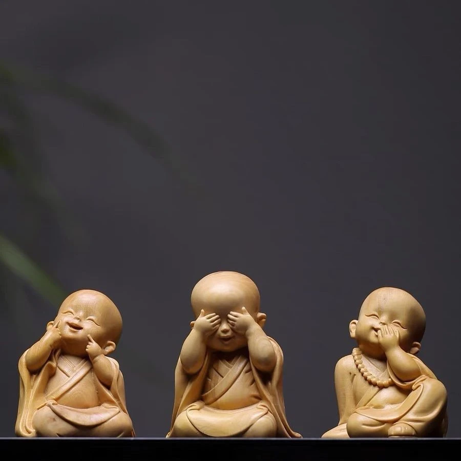 黄杨木雕收藏级禅意小和尚三不和尚客厅桌面禅意小沙弥人物车摆件