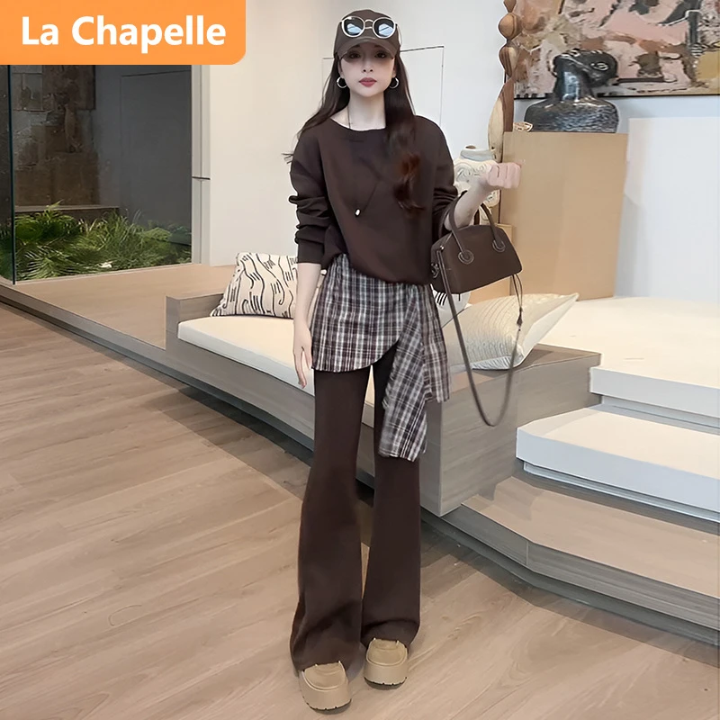 拉夏贝尔秋季韩系高级感斜肩卫衣撞色格子直筒裤两件套时尚百搭女