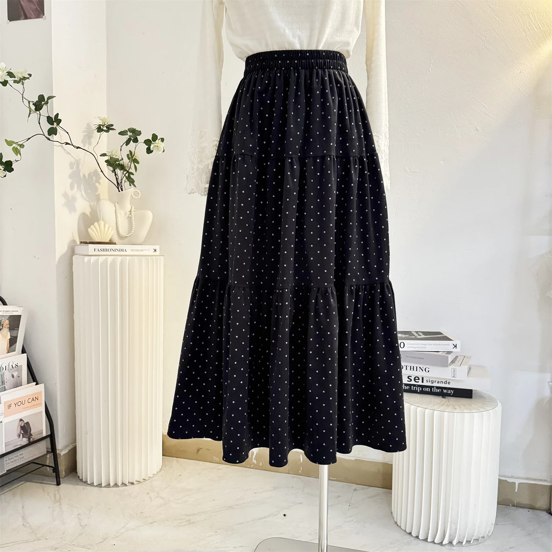 复古黑色鹿皮绒法式波点半身裙女2025秋冬中长高腰a字蛋糕长裙子