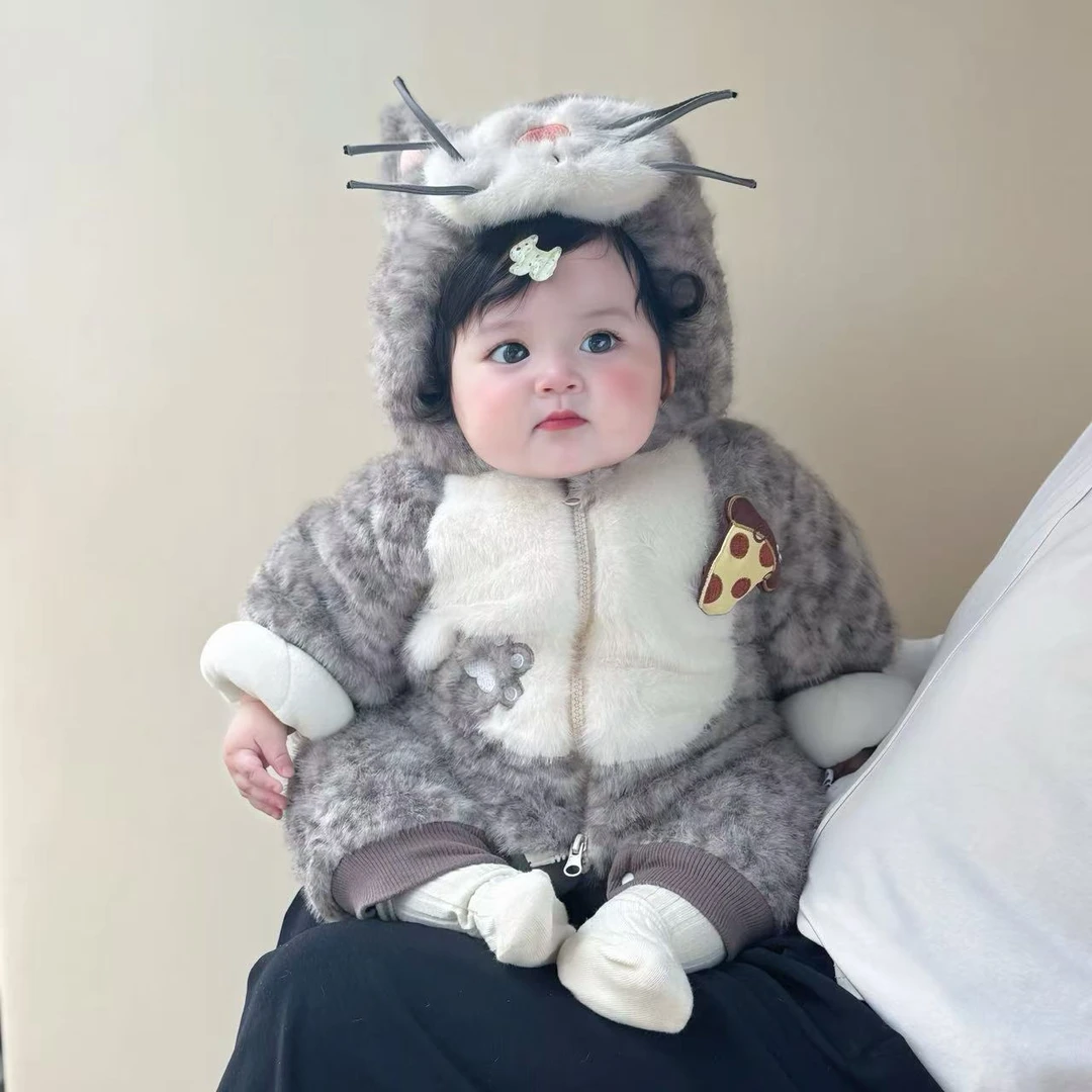 猫咪日记婴幼儿冬装加厚连体宝宝超萌毛茸茸保暖哈衣冬季外出服