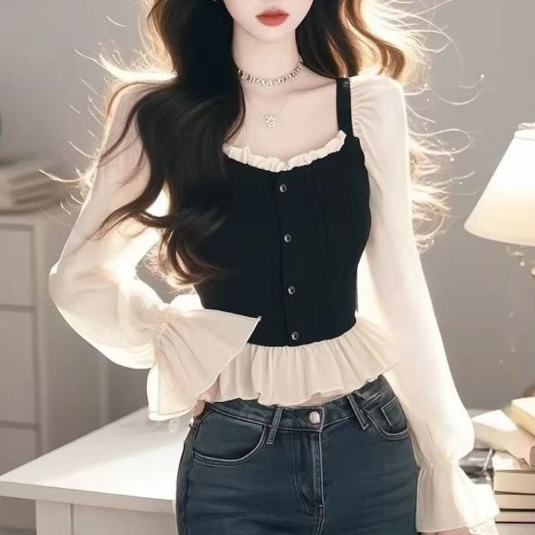 法式复古撞色方领喇叭袖衬衫新款气质甜美修身显瘦长袖上衣