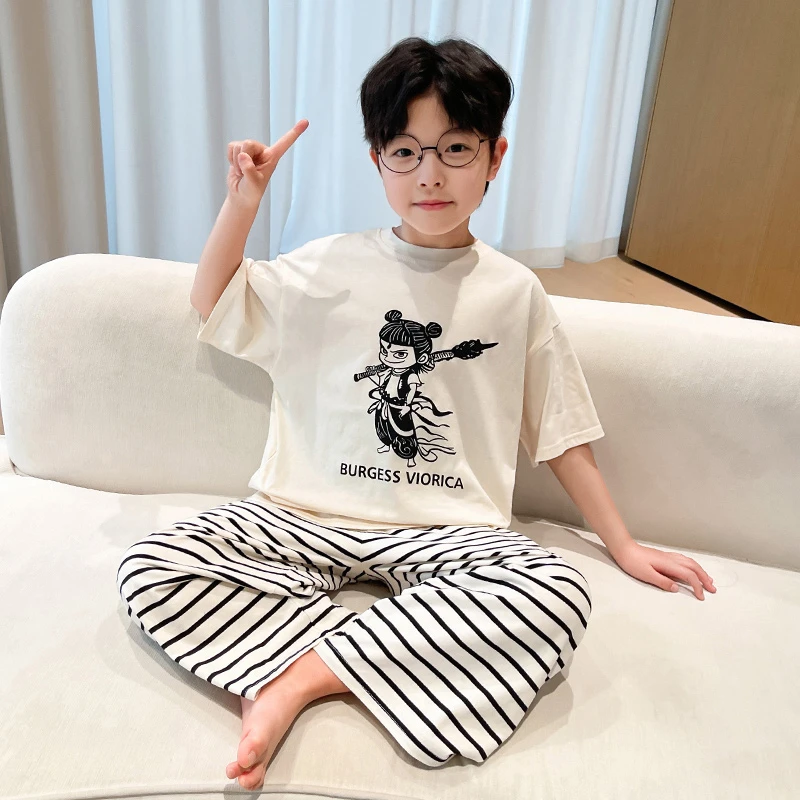 男童短袖睡衣夏季2025新款中大童夏天男孩哪吒儿童冰丝家居服套装