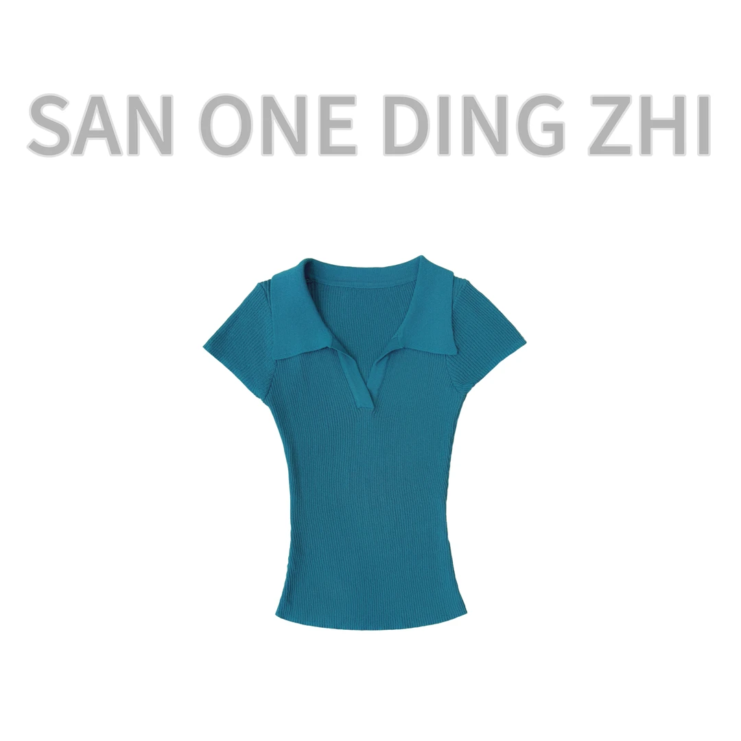 「轻氧柔雾」复古翻领修身显瘦冰丝短袖上衣辣妹纯欲显身材针织T恤
