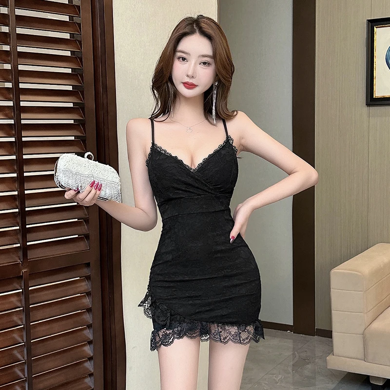 纯欲性感低胸蕾丝荷叶边吊带连衣裙辣妹气质显身材紧身包臀短裙子