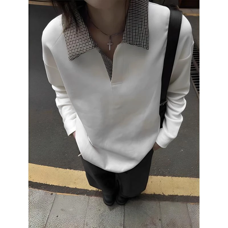 白色cleanfit千鸟格拼接长袖T恤男重磅翻领Polo衫美式内搭打底衫