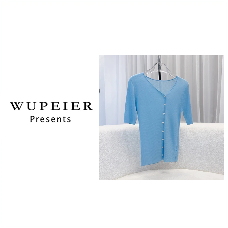 【茶歇时光】2025夏季时尚针织衫德国电脑机提花短袖圆通勤T恤W0043