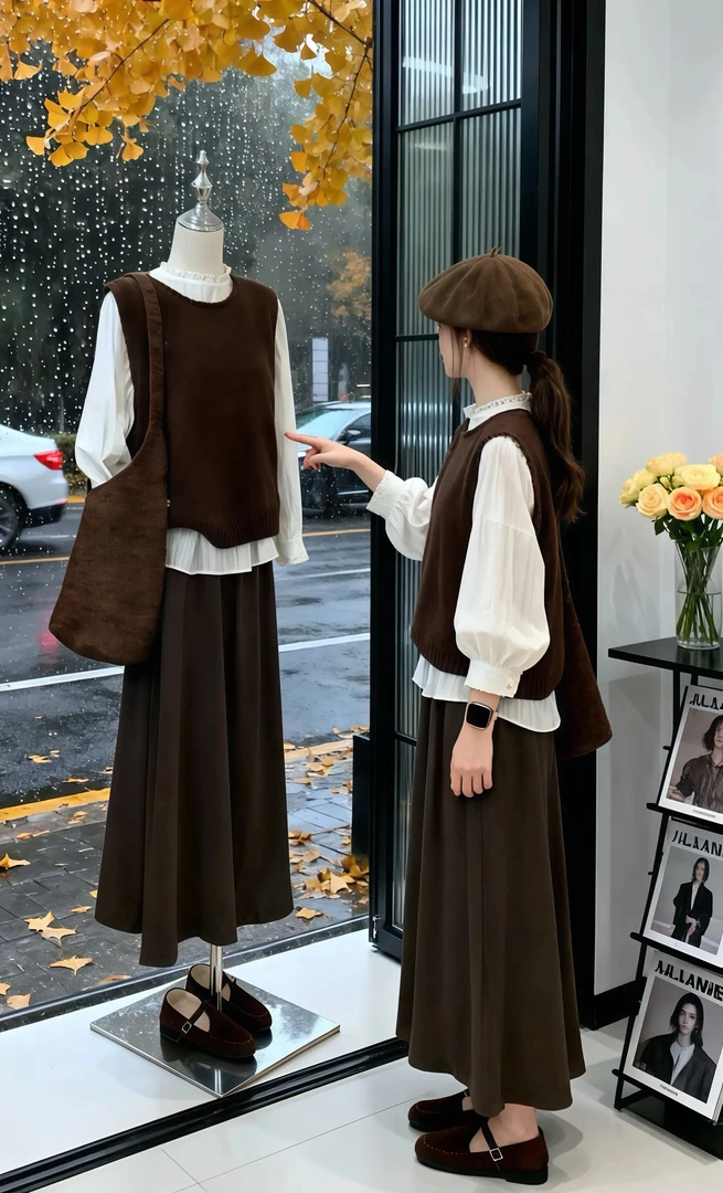 2025秋季美拉德穿搭一整套轻奢高级感巨好看减龄棕色马甲衬衫套装