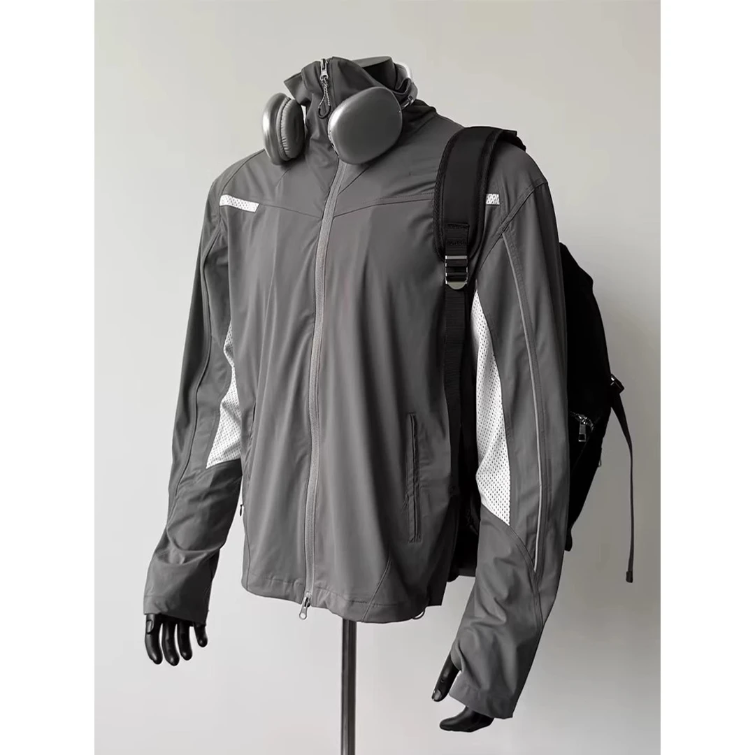 美式速干冰丝凉感防晒衣男夏季薄款高级无帽立领户外透气拼接外套