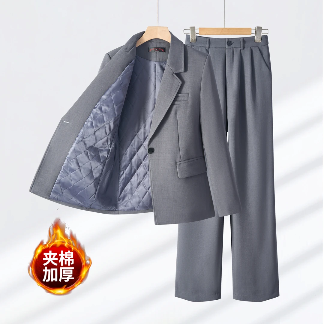 灰色职业西装套装女2025新款高级感面试正装冬季加厚夹棉西服外套