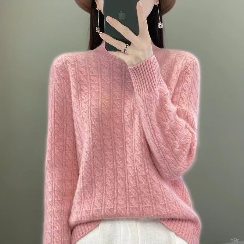 高端半高领100纯羊绒衫新款套头毛衣女加厚宽松针织衫打底衫