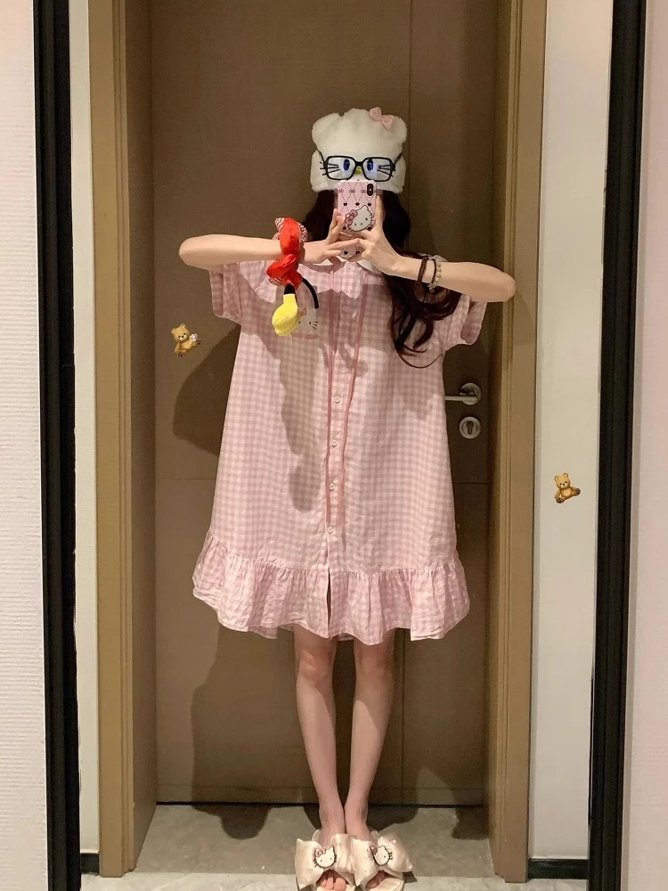 【DMXJ大梦想家】甜美格子Kitty印花短袖睡裙女2025新款睡衣家居服