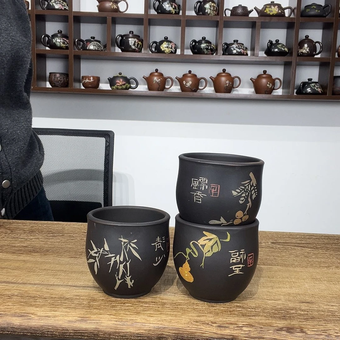 火***燚纯手工3个主人杯紫陶