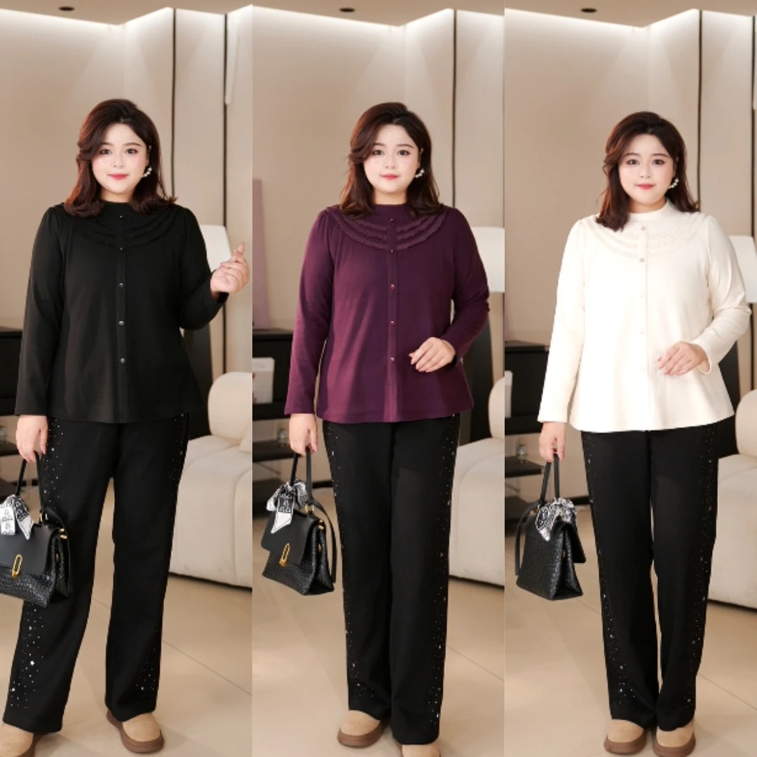 PWD33405【现货仅上衣】秋冬季百搭时尚花边上衣大码女装【衣长68】