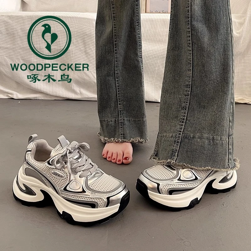 啄木鸟爆款百搭厚底老爹鞋女春秋小个子增高2025年新款运动休闲鞋