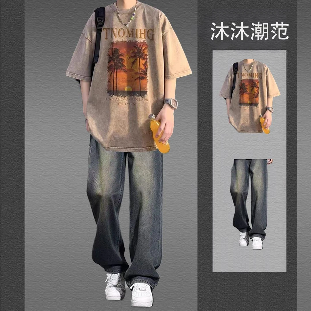 水洗短袖t恤男夏季套装搭配复古牛仔裤潮流休闲男装帅气穿搭一套