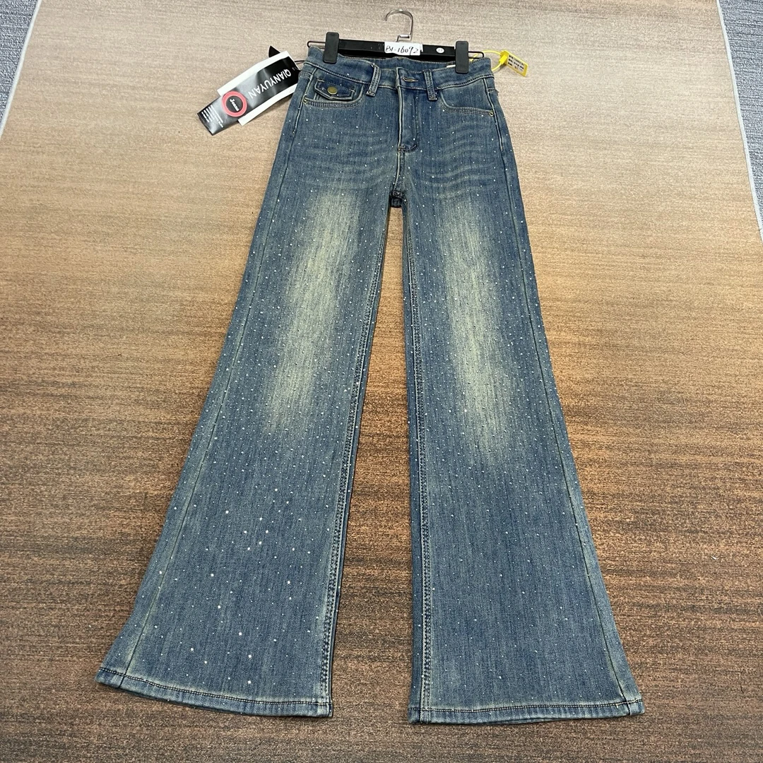 #B1-16092 加绒-厚绒 复古蓝重工银河前后满钻女神女裤 高弹