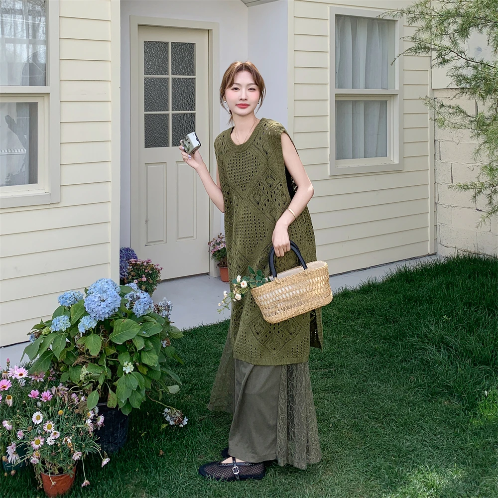 钩花无袖绿色连衣裙套装女夏2025新款法式甜美减龄叠穿超火爆款