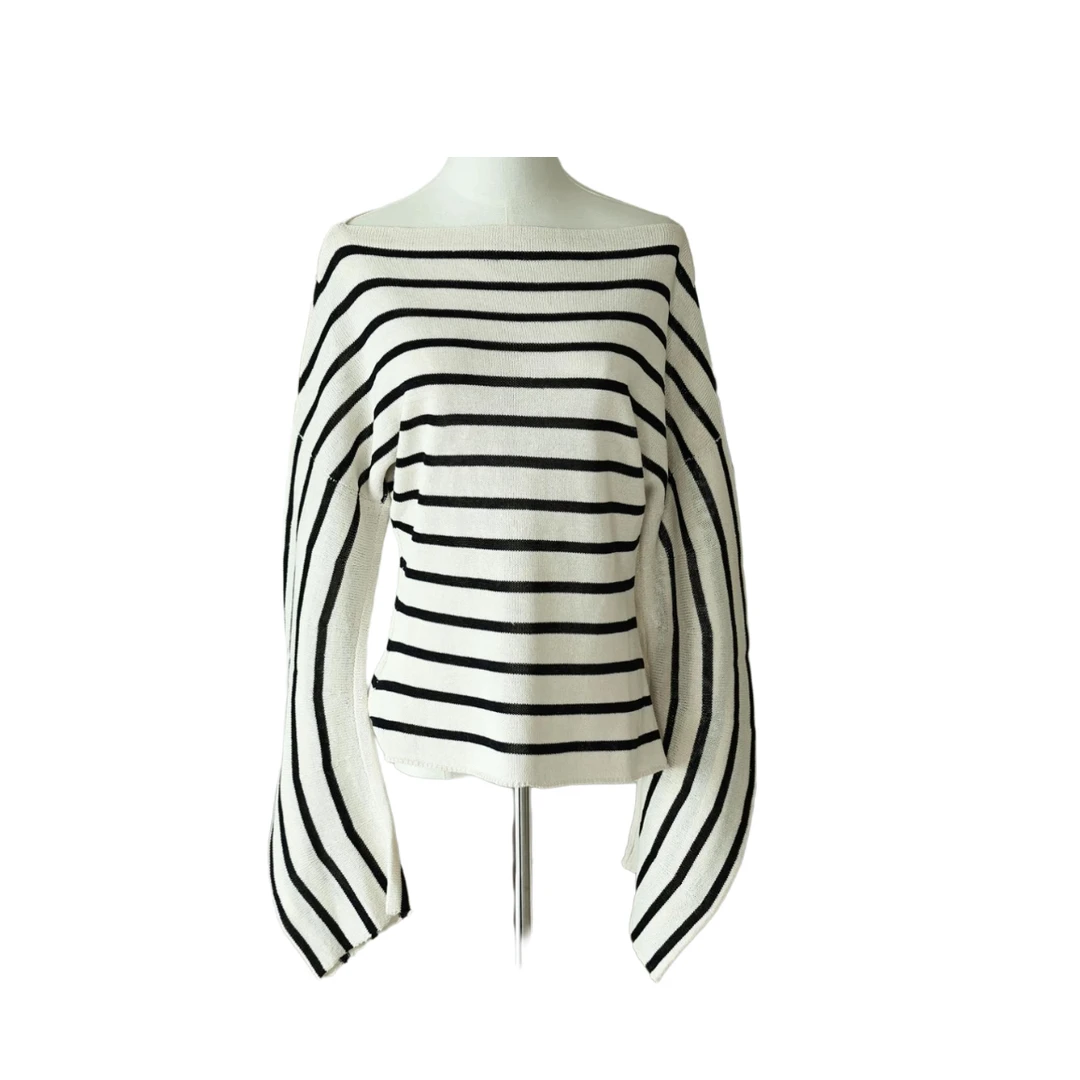 【N T Liu定制款】月亮弯弯-时尚一字领领条纹毛针织衫长款T6577