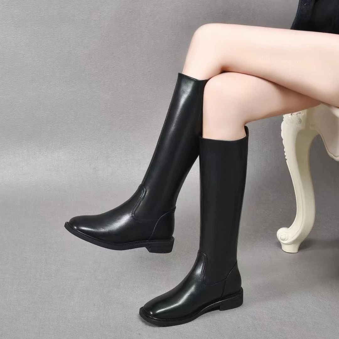 2025秋冬新款长筒靴过膝靴高筒靴弹力靴真皮平底尖圆头百搭瘦瘦靴