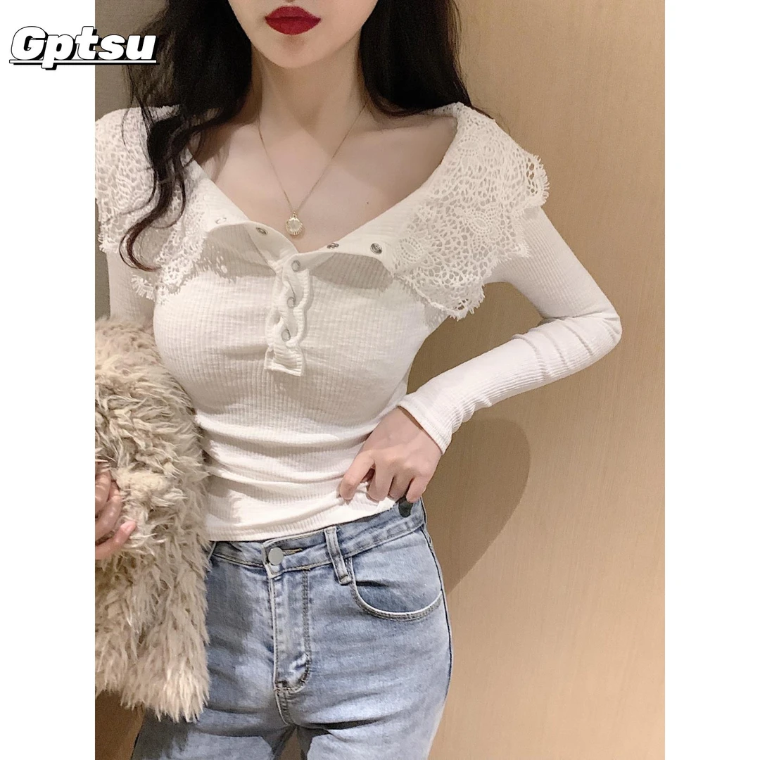 GPTSu秋冬新款蕾丝针织衫女时髦上衣韩国风格苗条和时尚打底衬衫