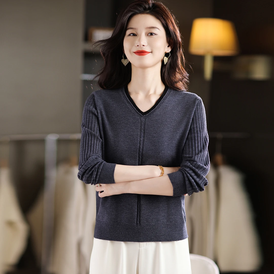 品牌女装秋装新款大码宽松上衣女V领针织衫薄款长袖T恤气质打底衫