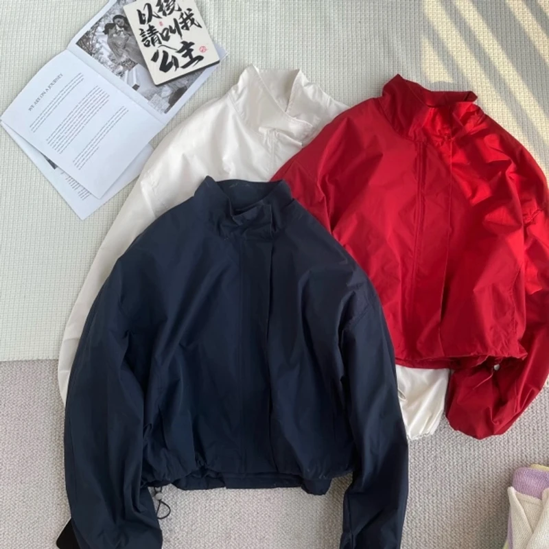 新款韩版春秋百搭修身时尚圆领抽绳领口磁吸冲锋衣外套