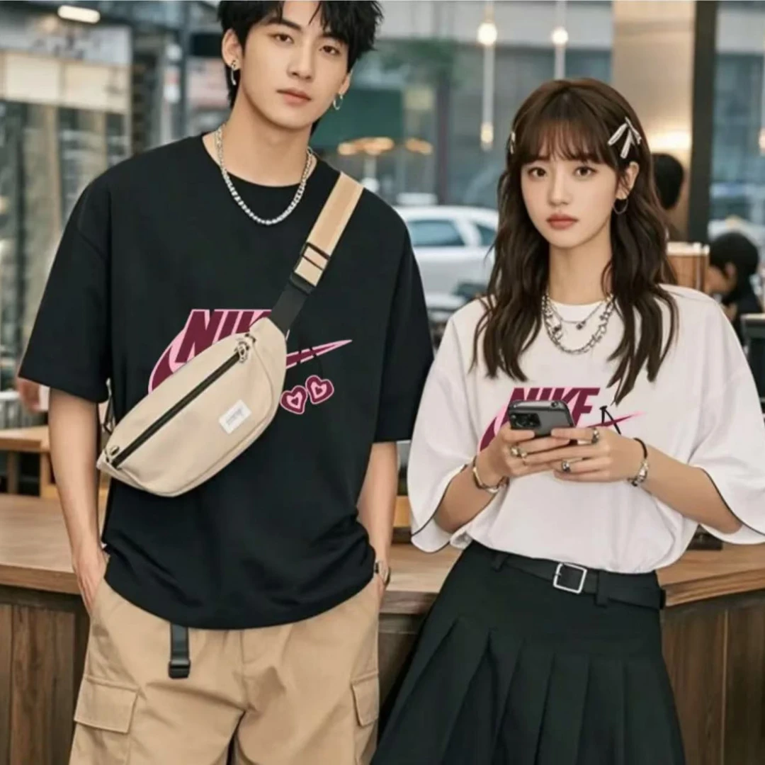 重磅新疆长绒棉夏季短袖男女休闲透气圆领印花纯棉T恤 樱桃勾