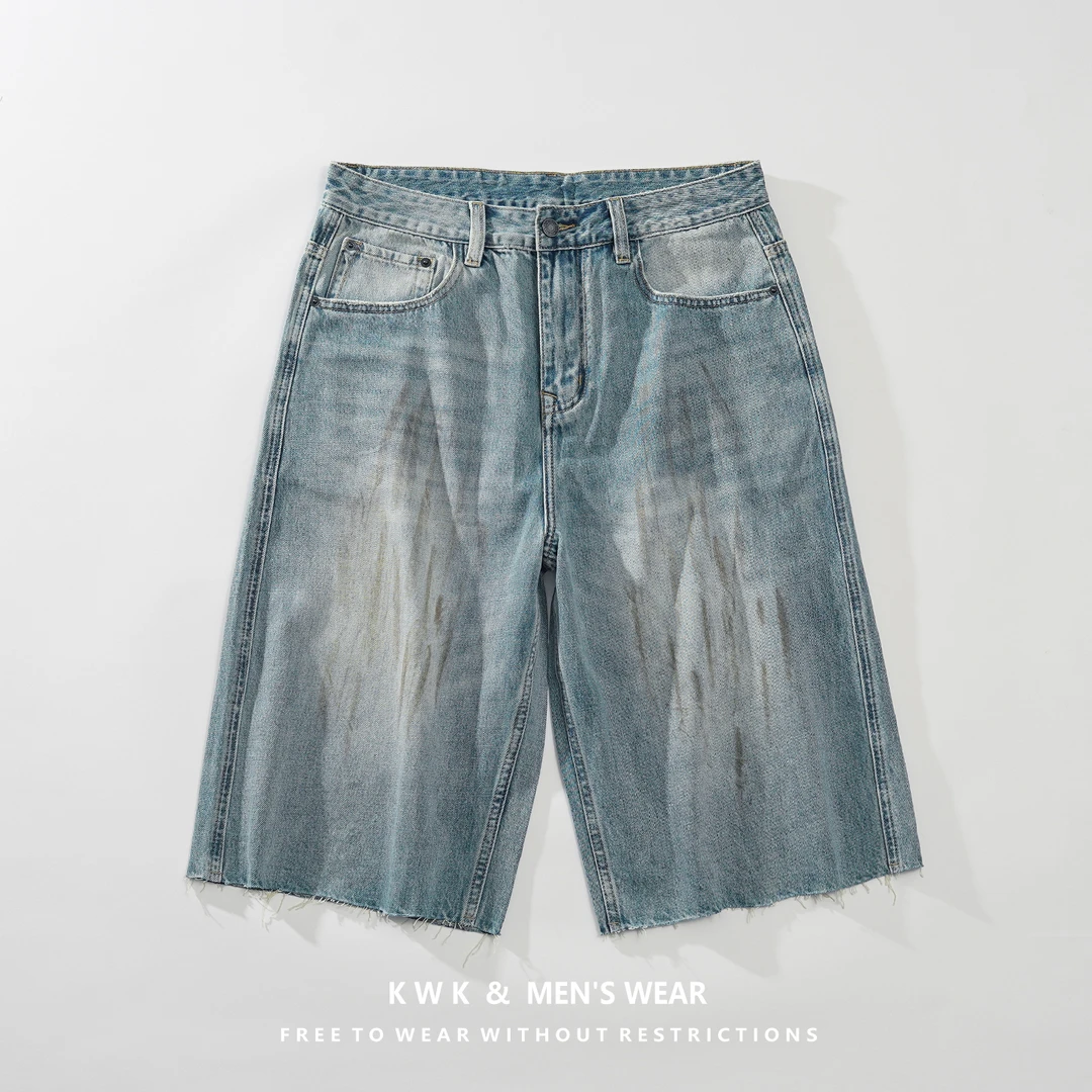 美式复古阔腿脏脏牛仔裤男夏季潮牌宽松直筒毛边痞帅休闲七分中裤