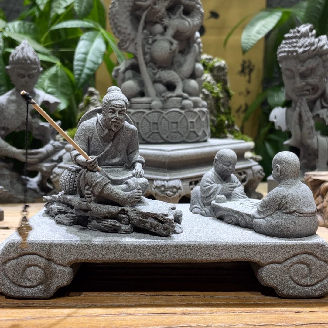 石材钓鱼一个下棋童子一个