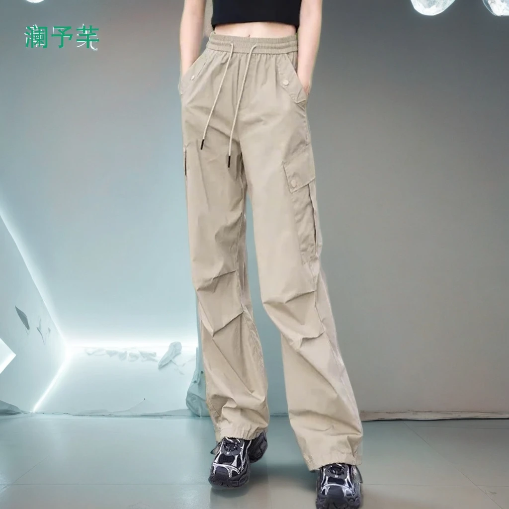 2025新款夏季美式女直筒薄款工装高腰阔腿宽松束脚裤运