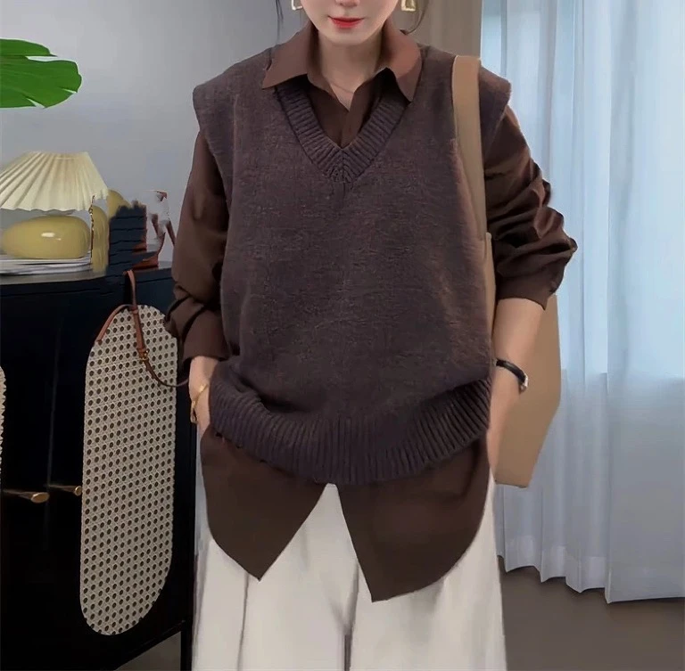 7013-CQ咖色真两件套针织上衣（80-135）