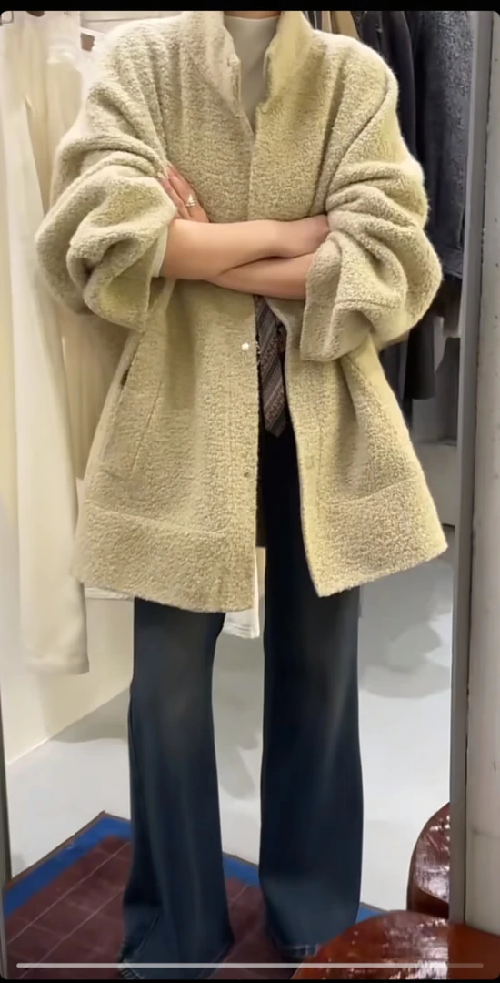 小柒-十三行高品#女翻领宽松型中长款法式毛呢外套长款休闲气质
