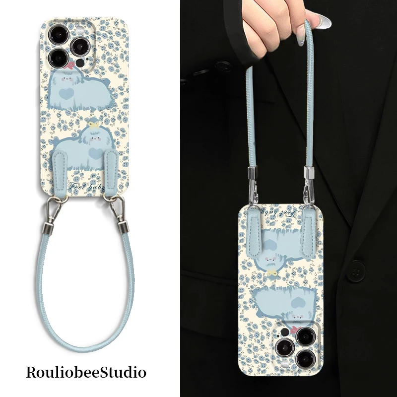 蓝碎花狗狗皮绳适用iphone16/15pro手机壳苹果14华为oppo小米vivo